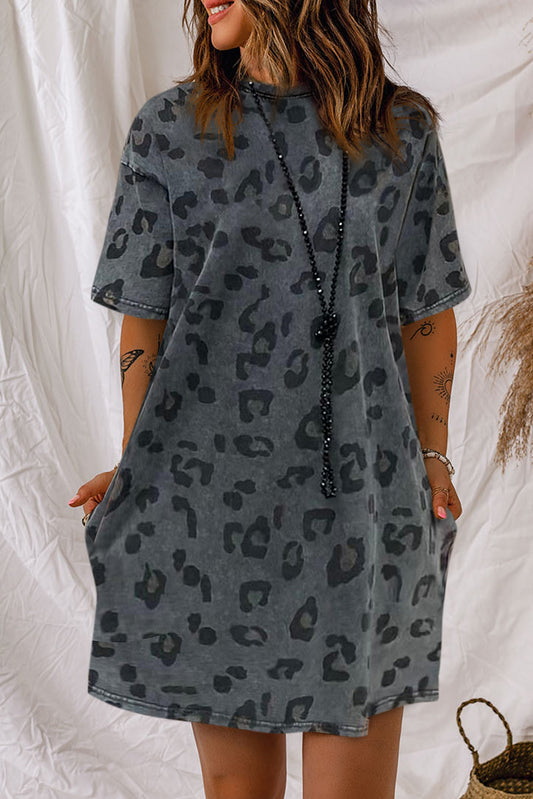 Short Sleeve Casual Leopard Print Dress With Pockets